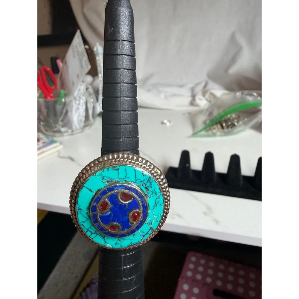 Bohemian Mosaic Turquoise Lapis Coral Statement Ring Silver Tone‎ Size 7